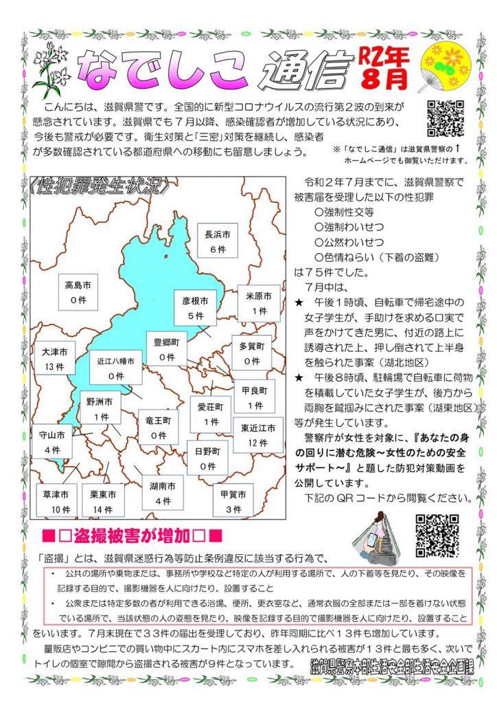 滋賀県警察本部から女性マンション等防犯ネットワーク会員の弊社に「なでしこ通信8月号」が届きました。