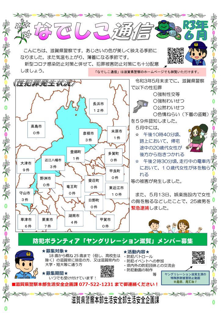 滋賀県警察本部から女性マンション等防犯ネットワーク会員の弊社に「なでしこ通信6月号」が届きました。
