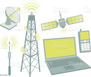 Antennas, mobile phone, satellite, computer, dish and waves.