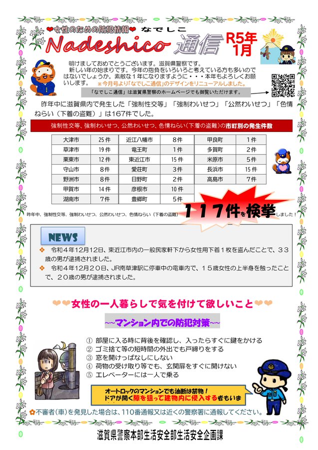 滋賀県警察本部から女性マンション等防犯ネットワーク会員の弊社に「なでしこ通信1月号」が届きました。
