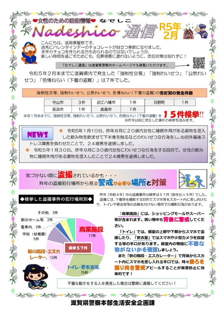 滋賀県警察本部から女性マンション等防犯ネットワーク会員の弊社に「なでしこ通信2月号」が届きました。