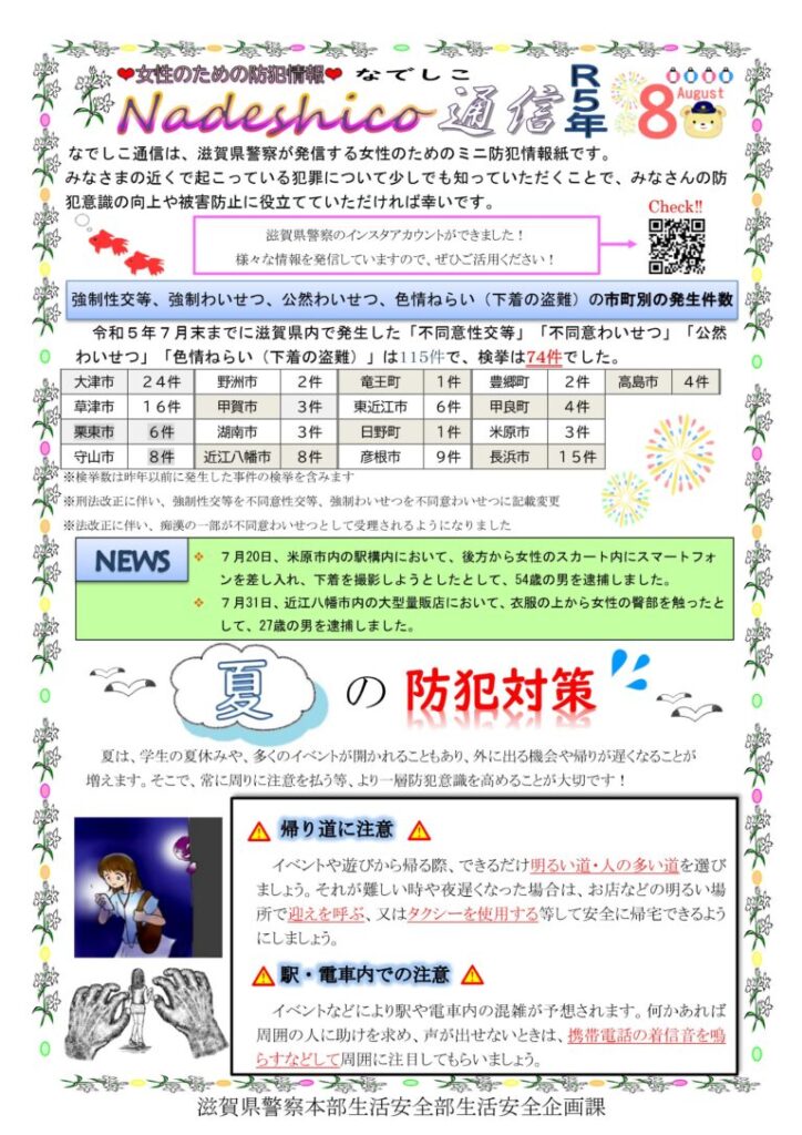 滋賀県警察本部から女性マンション等防犯ネットワーク会員の弊社に「なでしこ通信8月号」が届きました。