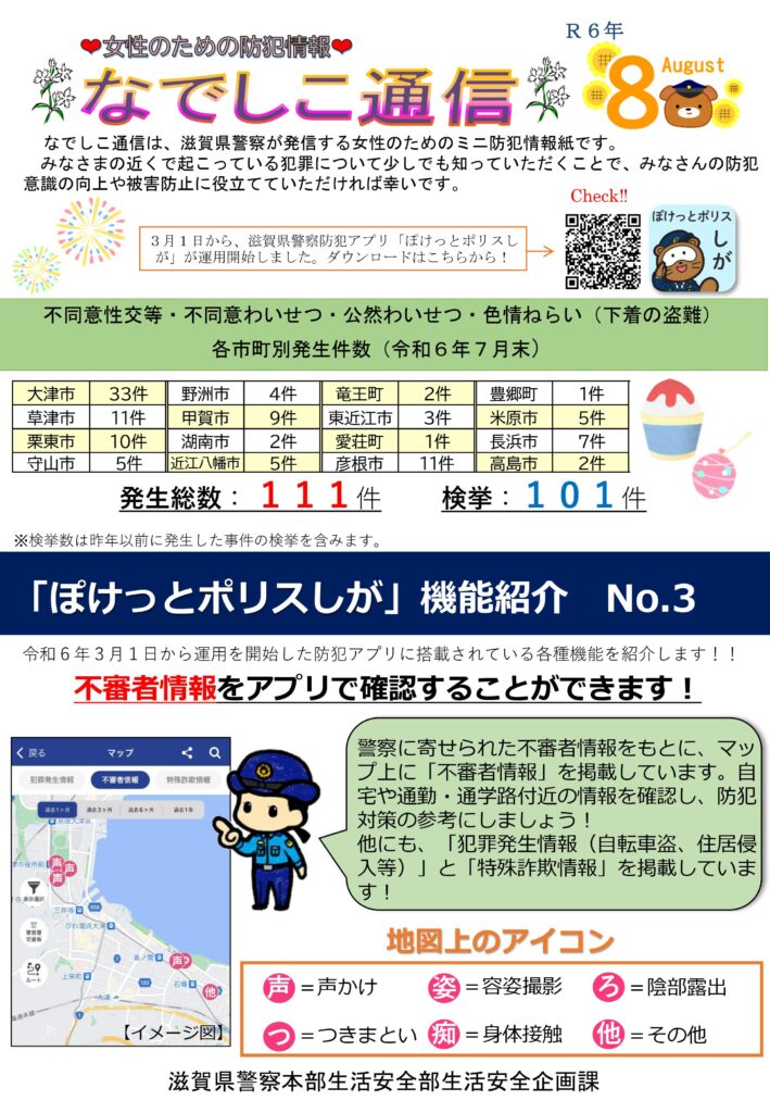 滋賀県警察本部から女性マンション等防犯ネットワーク会員の弊社に「なでしこ通信8月号」が届きました。