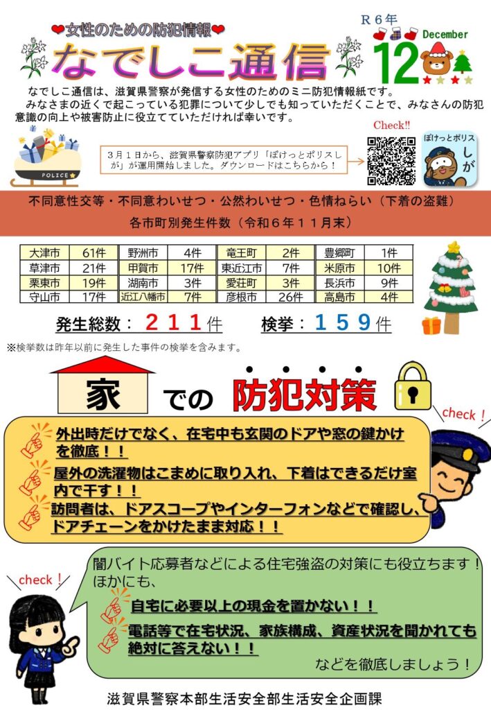 滋賀県警察本部から女性マンション等防犯ネットワーク会員の弊社に「なでしこ通信12月号」が届きました。