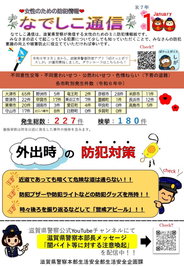 滋賀県警察本部から女性マンション等防犯ネットワーク会員の弊社に「なでしこ通信1月号」が届きました。